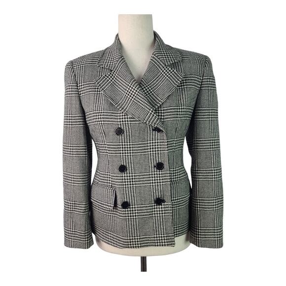 Talbots Black Cream Houndstooth Wool Double Breasted Blazer Jacket 2 P - Picture 1 of 5